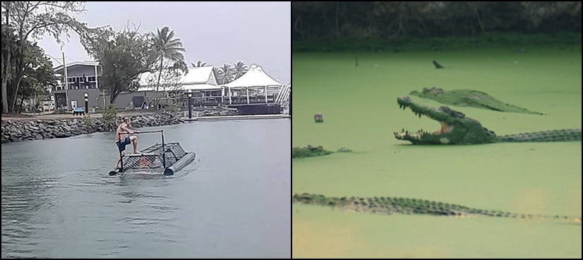 Men photographed playing in baited crocodile trap dubbed ‘idiots of the century’