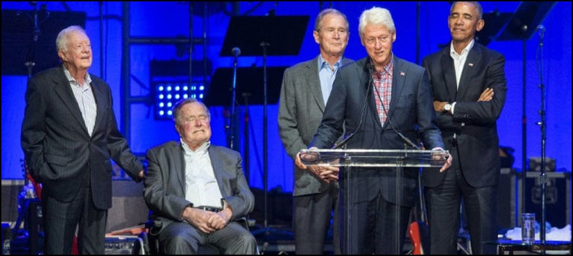 Former presidents take stage at hurricane benefit concert
