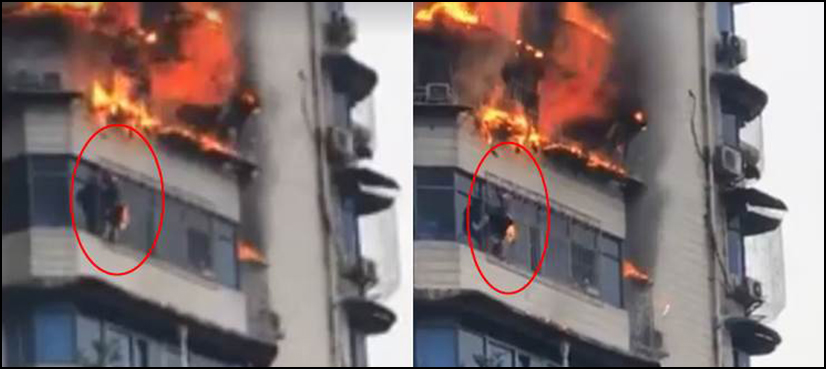 VIDEO: Man in China narrowly escapes death in burning building