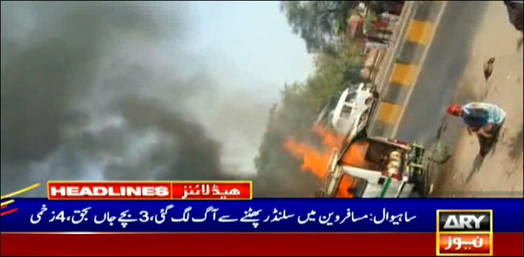Two dead, seven injured as van catches fire in Sahiwal