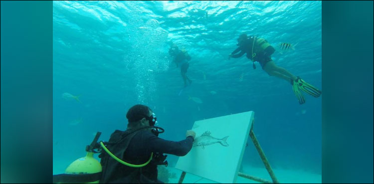 Cuban artist sketches fish and coral reefs underwater