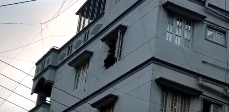 Video showing thief trapped on third-storey window ledge goes viral