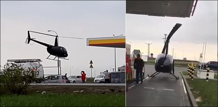 Helicopter pilot lands at a petrol station to top up his tank