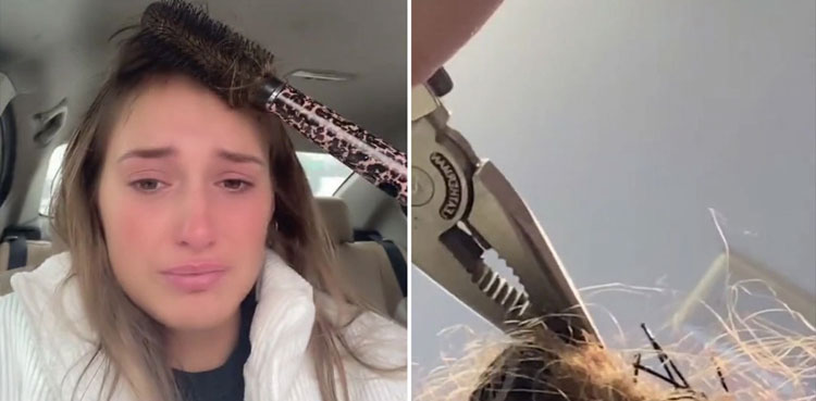 Woman's attempt at hair styling leaves her with hairbrush stuck to head