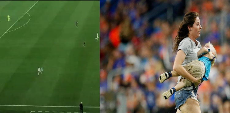 Mother tackles 2-year-old son after he runs onto field during football game