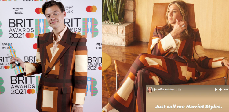 Jennifer Aniston wears same suit as Harry Styles: 'Call me Harriet Styles'