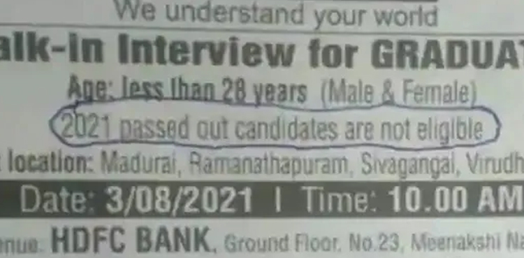 Typo in advert: Employer bars '2021 passed out candidates' for job interviews