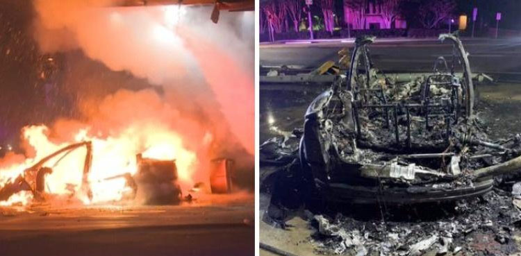 WATCH: Tesla erupts into flames after driver crashes into gas station