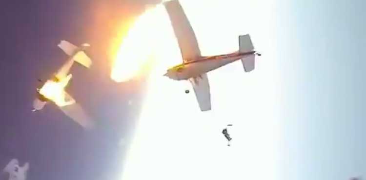 Skydivers jump for their lives to escape mid-air crash