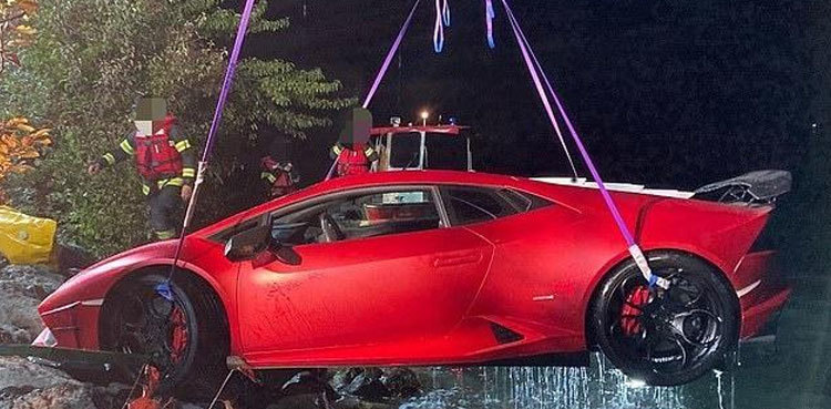 Lamborghini falls in lake as driver 'confuses' brake, accelerator pedals
