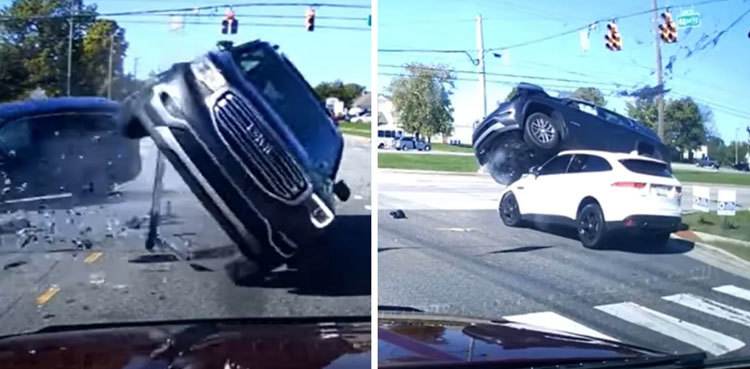 Watch: SUV hit by SUV lands on roof of a third SUV