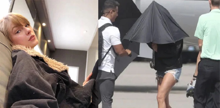 Taylor Swift hides face while getting off private jet amid controversy