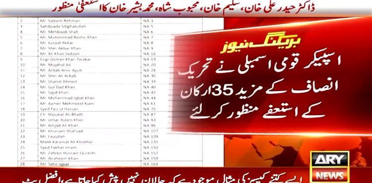 NA speaker accepts resignations of 35 more PTI MNAs