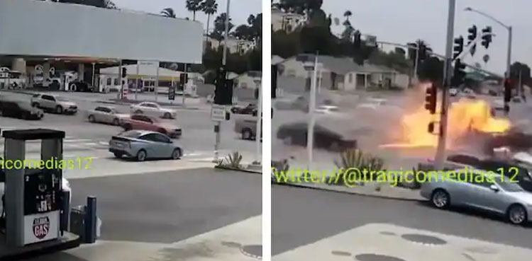Horrific video: Car crashes into traffic and bursts into flames