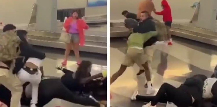 Chaotic brawl erupts at airport's baggage claim area