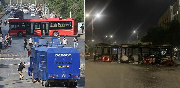 PTI protests: Buses set on fire in Karachi, 2 arrested