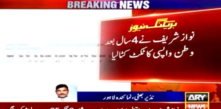 Nawaz Sharif 'books' ticket for return to Pakistan on October 21