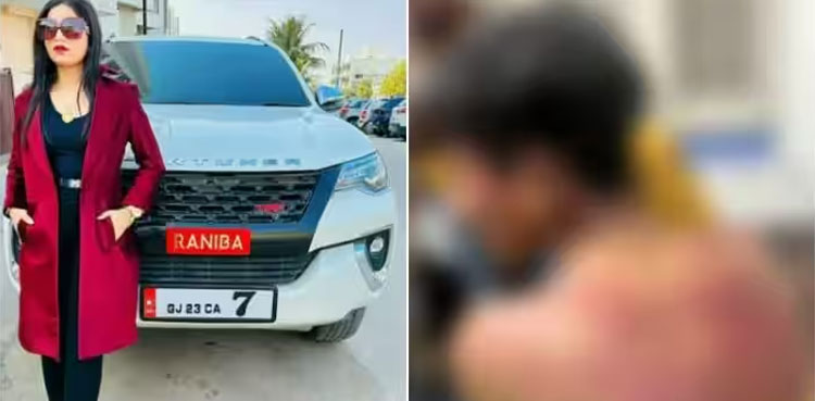 Businesswoman forces youth to hold her footwear in mouth