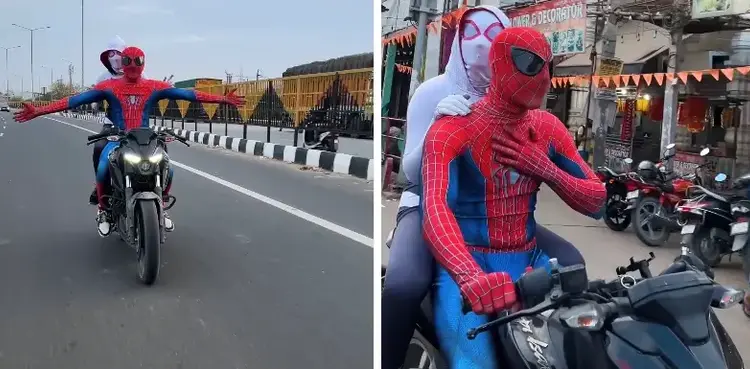 Spiderman couple performs bike stunts on busy road; gets arrested