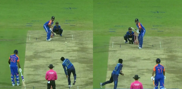 Sri Lanka's Kamindu Mendis bowls with both hands against India