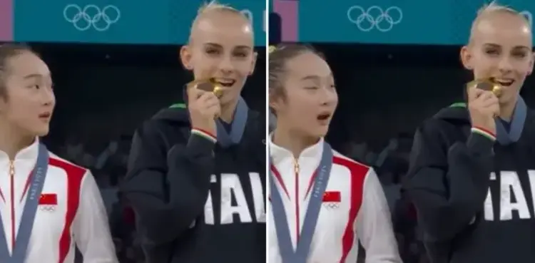 Chinese Olympian’s medal-biting moment goes viral at Paris 2024