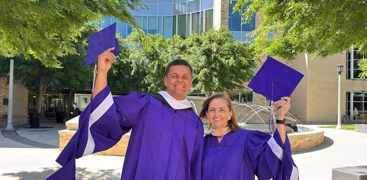 Mother and son graduate together before mother’s day