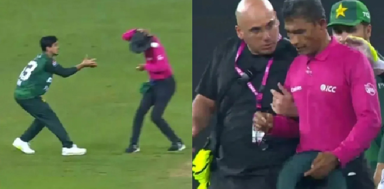 Watch: Umpire Ruchira Palliyaguruge hit by Haris' throw
