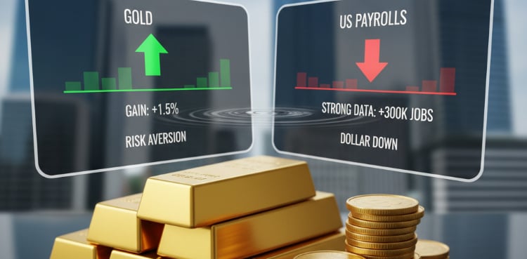 Gold gains on risk aversion despite strong US payrolls data