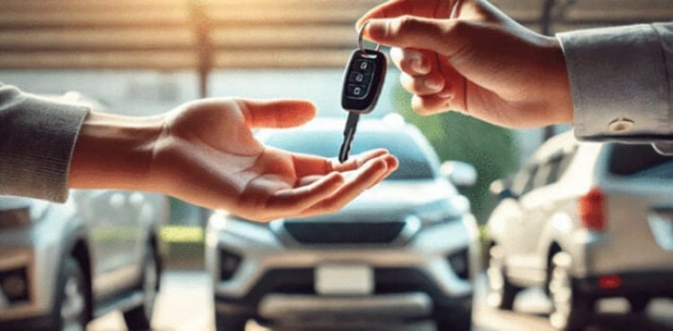 Car key handover between buyer and seller during vehicle ownership transfer.| Arabwheels.ae