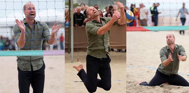 Prince William gets sandy during fun beach volleyball match at Copacabana