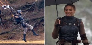 Sophie Turner grimaces while filming physically-gruelling Tomb Raider action scene in Surrey