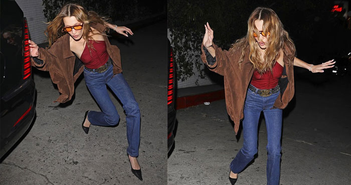 Bella Hadid stumbles in heels while leaving Chateau Marmont after night out