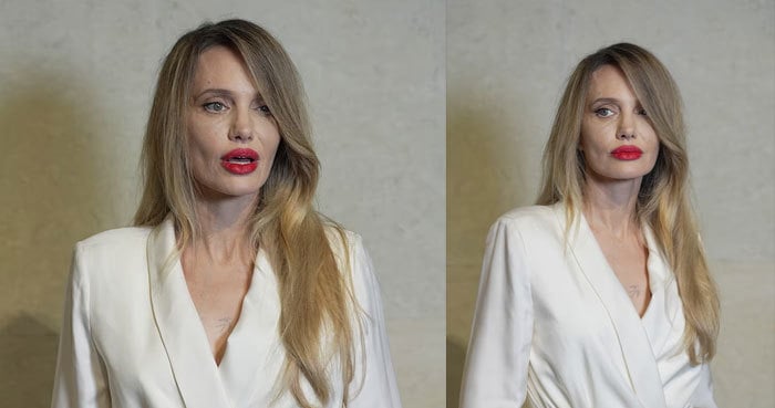 Angelina Jolie stuns in white silk robe and bold red lip at Tom Ford event