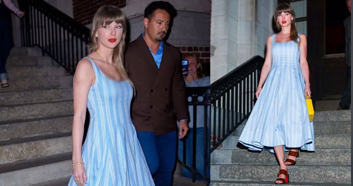 Taylor Swift steps out in chic blue dress for dinner with family and friends