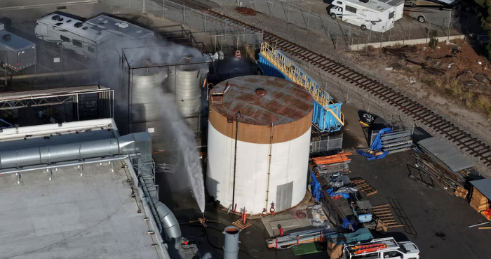 ‘Potential crack’ in California chemical tank may prevent explosion, fire official says