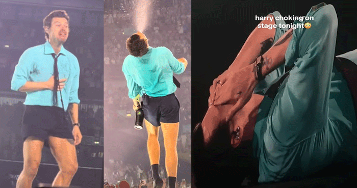 Harry Styles chokes on water, falls on stage mid-show amid heatwave