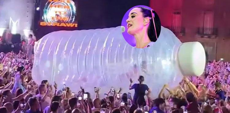 Katy Perry trapped inside giant inflatable water bottle during Malta concert stunt