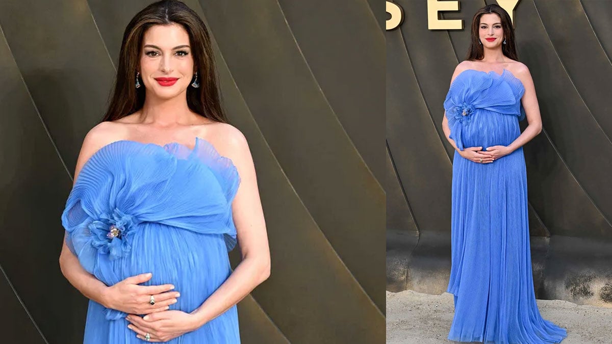 Anne Hathaway glows in powder blue gown at 'The Odyssey' London premiere